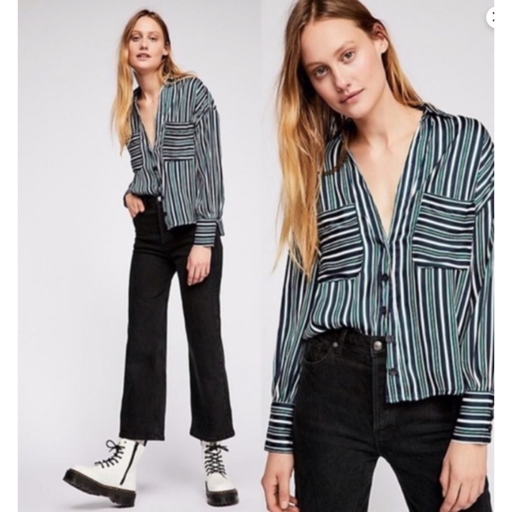Free People Mad About You Striped Button Down Top Navy Green White Size M